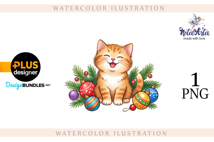 Christmas Kitten in Watercolor Style