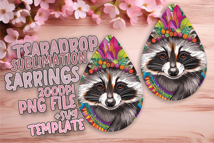 Bright Raccoon with Flowers Sublimation Teardrop Earrings example image 1