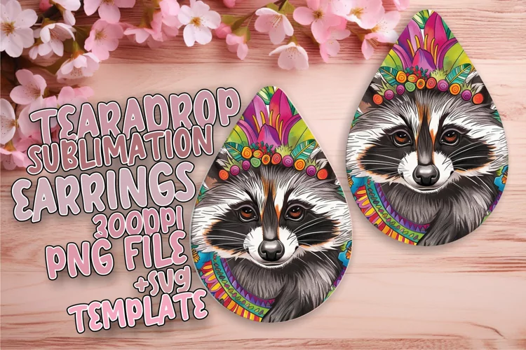 Bright Raccoon with Flowers Sublimation Teardrop Earrings