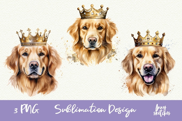 3 Golden Retriever in Crown Watercolor Clipart PNG