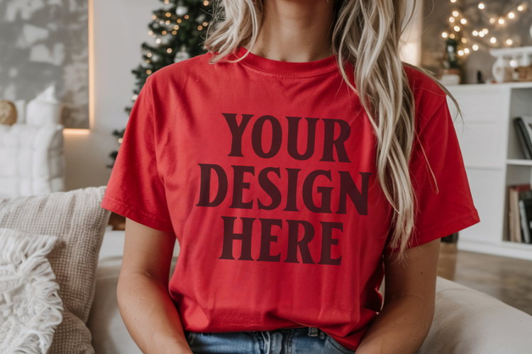 Christmas Comfort Colors 1717 Red T-Shirt Mockup Real Model