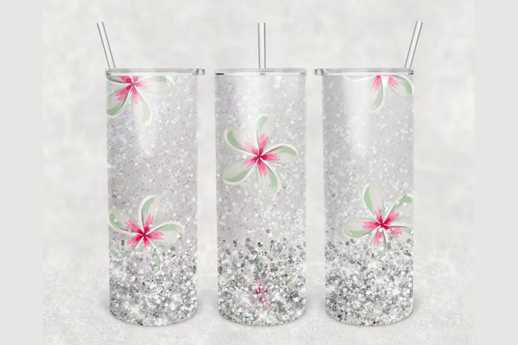White Ombre Floral Glitter 20 oz sublimation design tumbler
