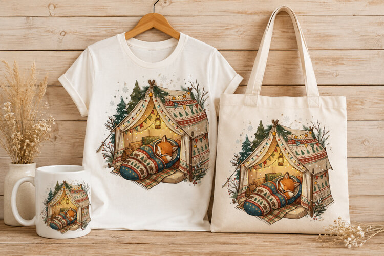 Sleeping Fox in Winter Tent Christmas Watercolor Art PNG example image 1