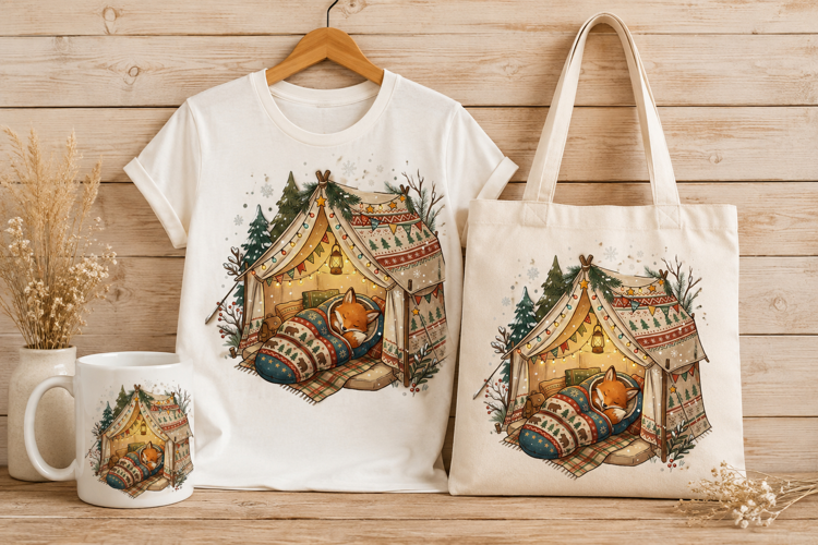 Sleeping Fox in Winter Tent Christmas Watercolor Art PNG
