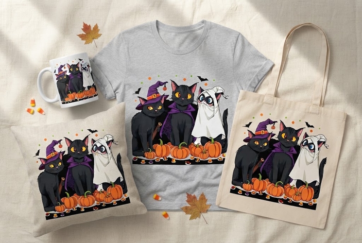Halloween Black Cat Trio PNG | Witch Ghost Cat Pumpkin Desig