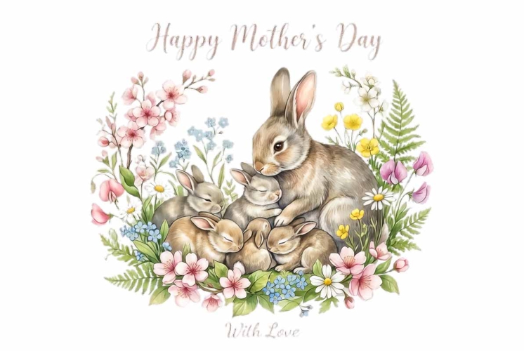 Sweet mother rabbit with baby bunnies