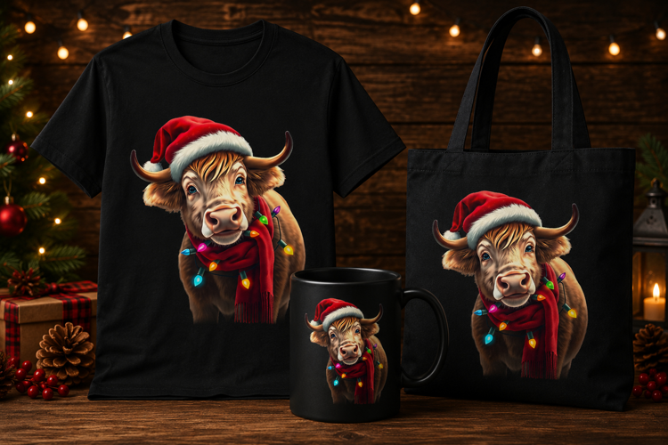 Cute Christmas Highland Cow PNG with Santa Hat & Scarf