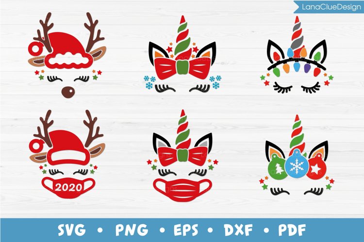 6 Christmas Unicorn and Reindeer Faces - SVG PNG DXF EPS PDF example image 1