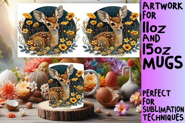 Sublimation Deer Mug Wrap Design Watercolor Art