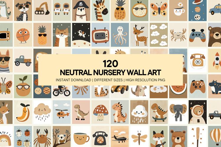 Neutral Kids Wall Art Nursery Printable Posters Cute example image 1