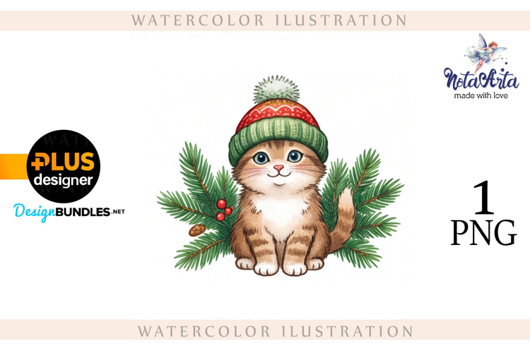 Christmas Kitten in Watercolor Style