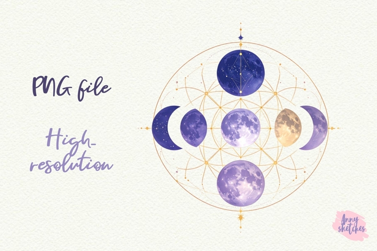 Phases of the Moon Sacred Geometry Watercolor Clipart
