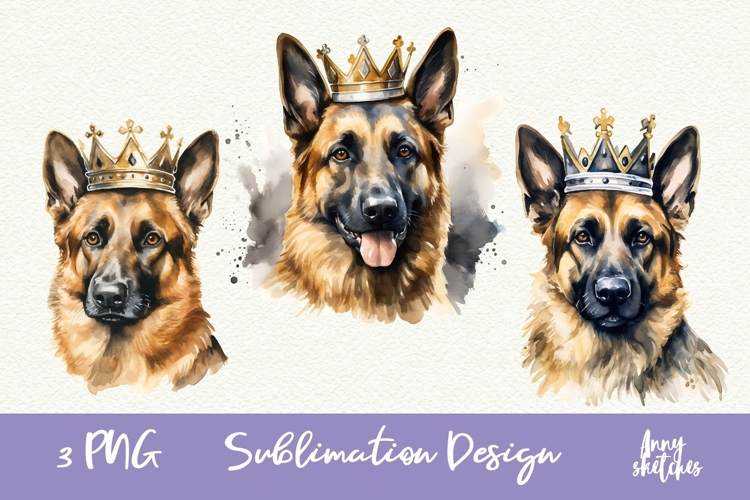 3 German Shepherd in Crown Watercolor Clipart PNG