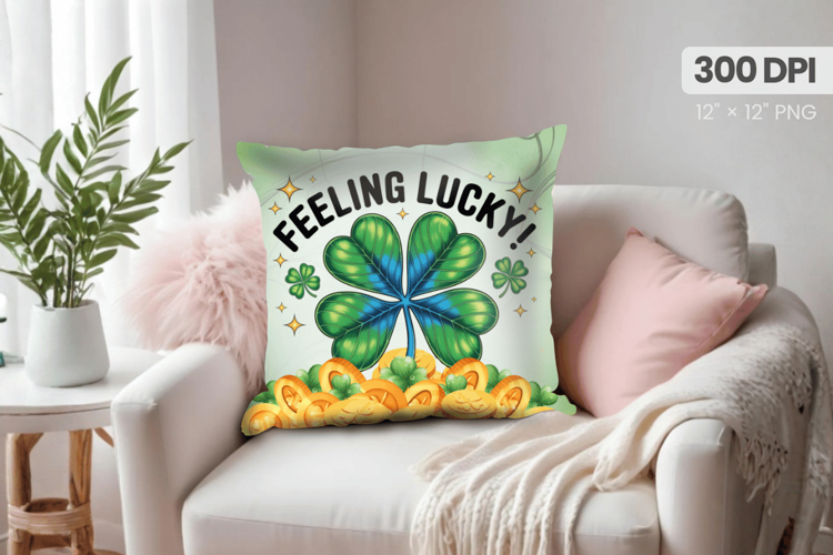 Feeling Lucky Shamrock and Gold Pillow PNG Sublimation Desig