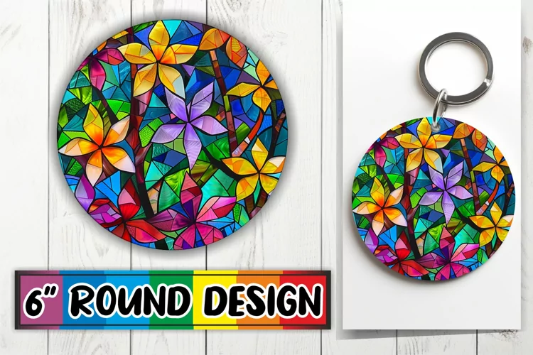 Colorful Stained Glass Tree Keychain Round Design Sublimatio
