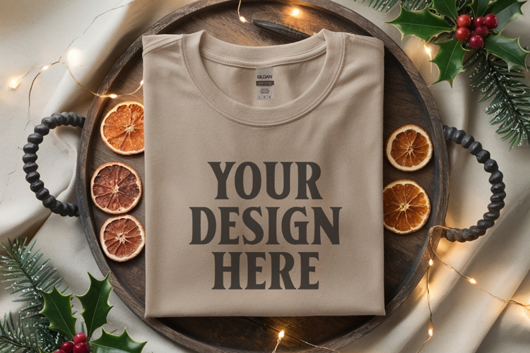 Gildan 5000 Sand Folded Christmas Mockup, G5000 mockup