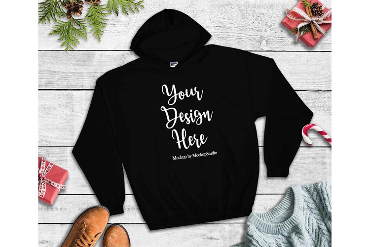 Black Christmas Hoodie Mockup, Winter Holiday Flat Lay