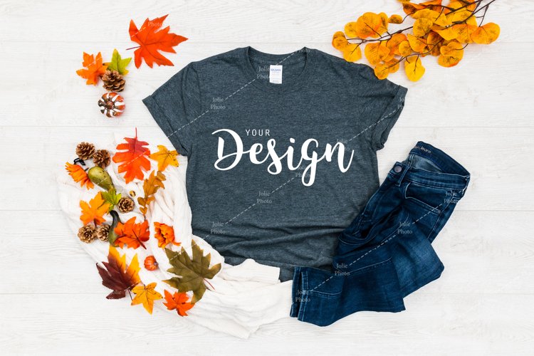 Gildan 64000 Softstyle Dark Heather T-shirt Mockup for Fall example image 1