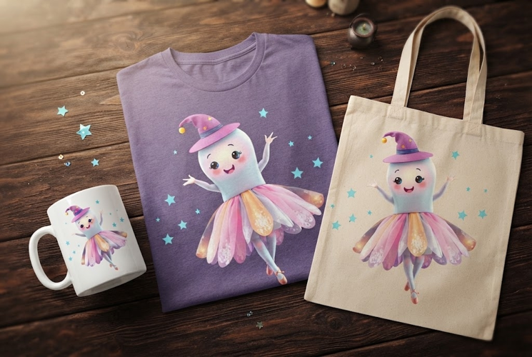 Whimsical Witch Ghost Halloween Design with Stars and Tutu