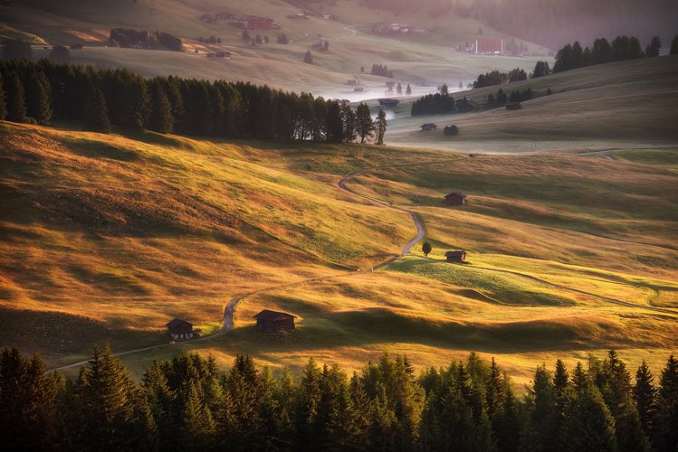 Beautiful sunrise on the meadows in Dolomites example image 1