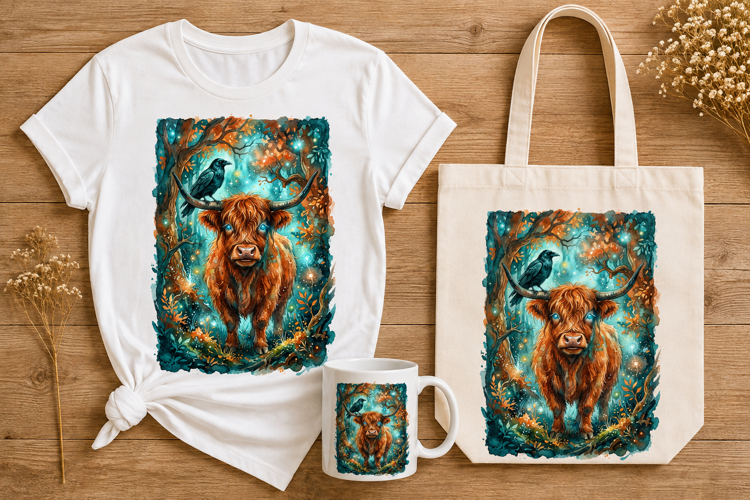 Highland Cow Raven Glowing Blue Eyes Magic Forest Art