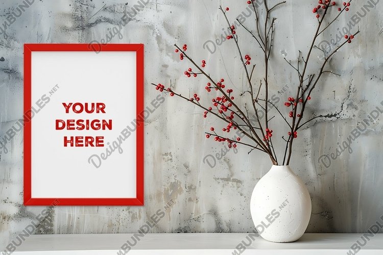 Frame mockup on grunge industrial wall with vase and flowers example image 1