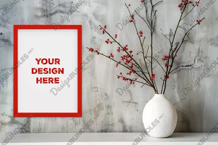Frame mockup on grunge industrial wall with vase and flowers