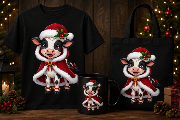Cute Christmas Cow PNG Santa Cape Holiday Calf Clipart