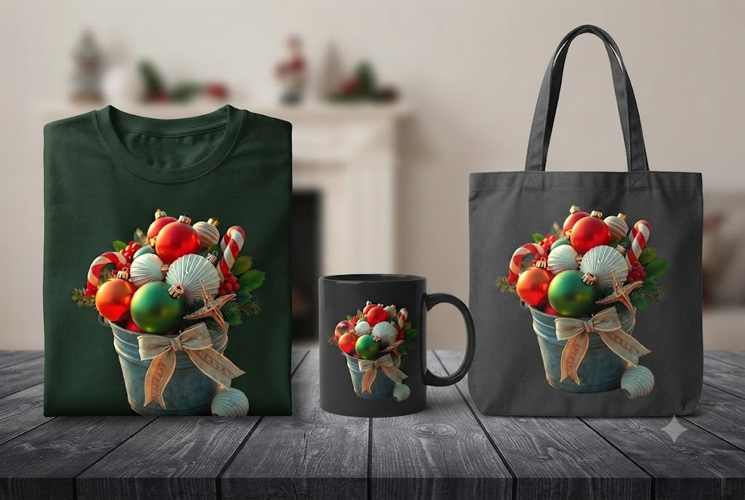 Coastal Christmas Ornament Bucket PNG Beach Holiday Decor
