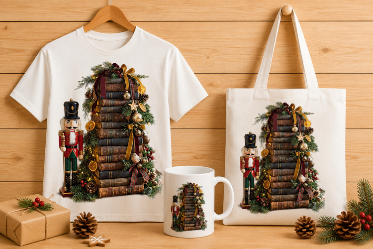 Nutcracker and Vintage Book Tree Christmas Holiday Art PNG