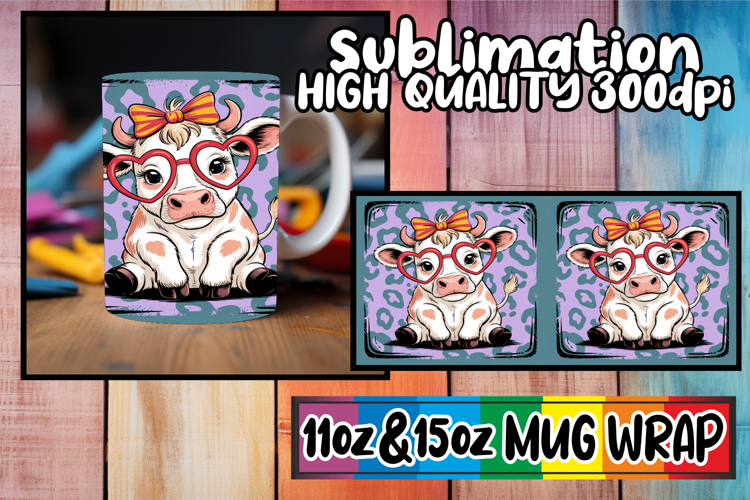 Heartfelt dreams sublimation mug wrap, Cute Cow