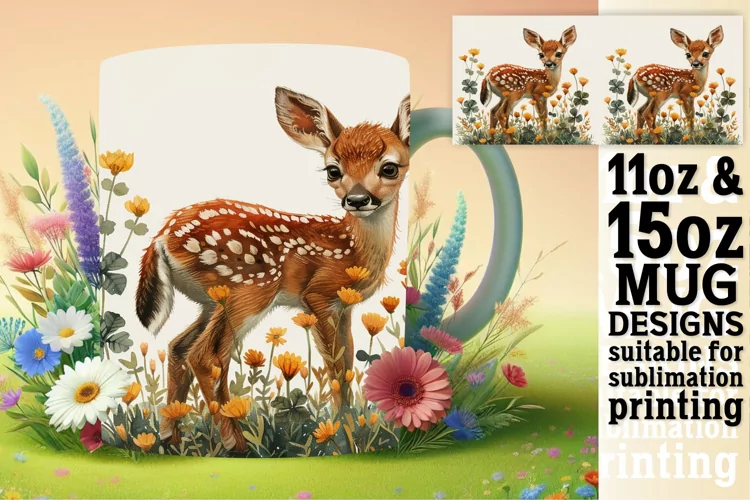 Watercolor Deer Mug Wrap Spring Design Sublimation