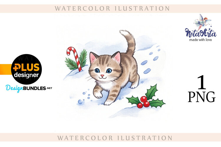 Christmas Kitten in Watercolor Style example image 1