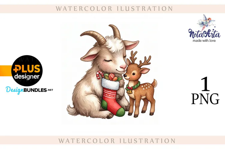 Christmas Goat in Watercolor Style