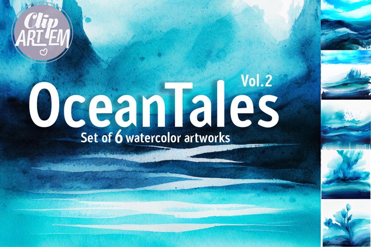 Ocean Tales Vol. 2 Watercolor Blue Sea 6 JPEG Images Set example image 1