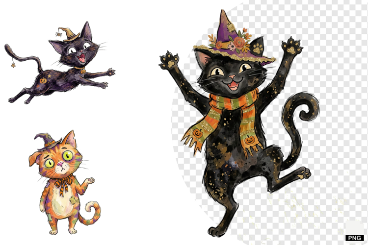 Whimsical Halloween Cats PNG
