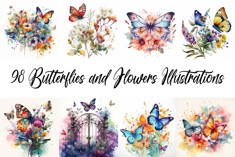 98 Butterflies and Flowers Watercolor Illustration Paint JPG
