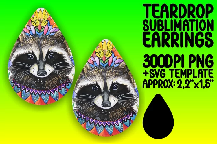 Raccoon with Floral Wrap for Teardrop Earrings Sublimation