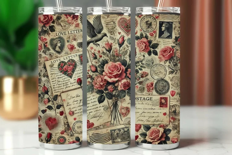 Valentine Tumbler Wrap 20 oz - vintage postcard