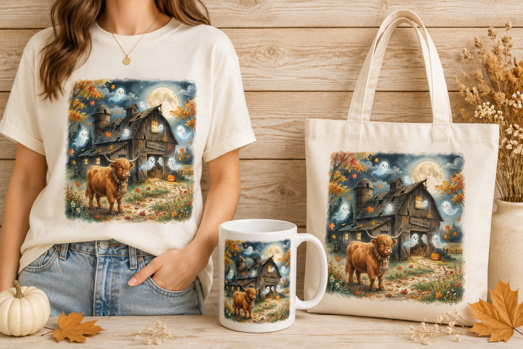 Highland Cow Haunted Barn Halloween Ghost Watercolor Art