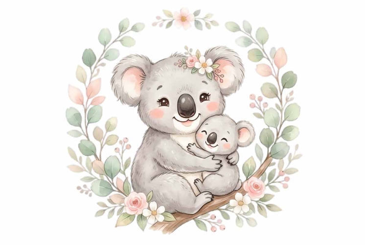 Sweet kawaii mama koala hugging baby koala