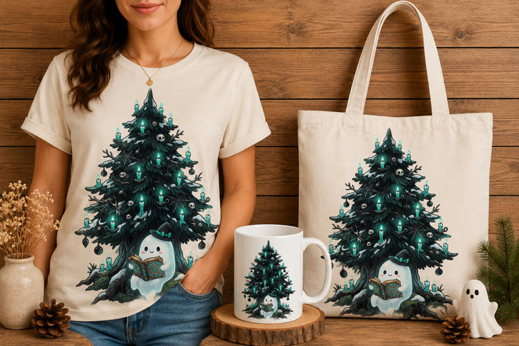 Spooky Ghost Reading Magic Book Evergreen Tree