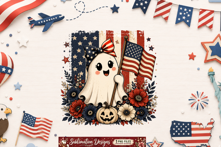 American Flag Ghost with Bow & Pumpkin | Floral Halloween