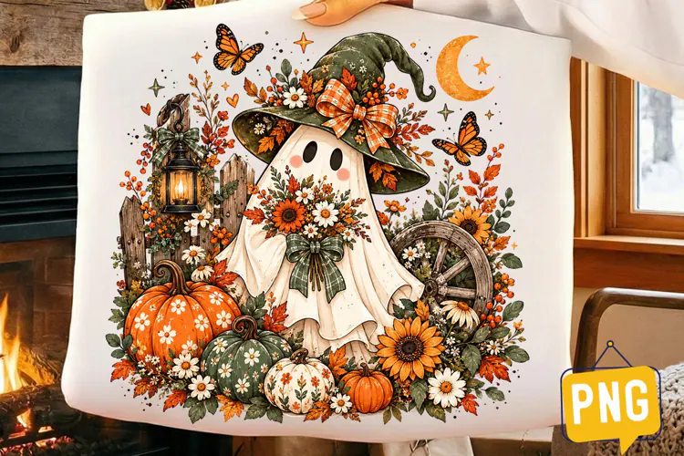 Halloween Witch Ghost PNG, Cute Ghost Pumpkin Floral Witch