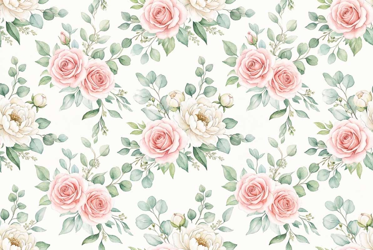 Watercolor seamless pattern with blush pink roses white peon