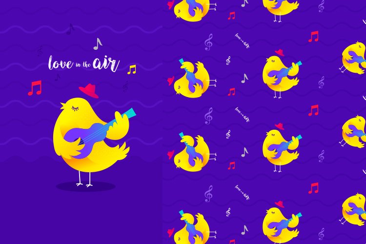 Cute singing bird illustration with pattern example image 1