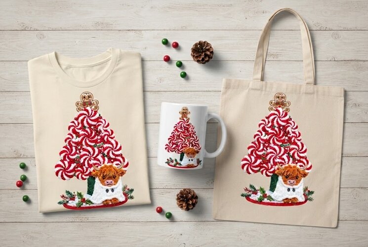 Chenille Peppermint Tree Ghost Cow Christmas Art Print example image 1
