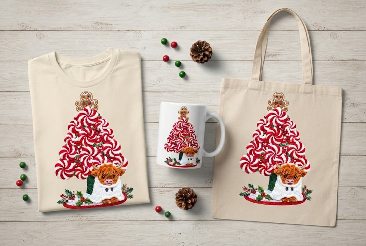 Chenille Peppermint Tree Ghost Cow Christmas Art Print