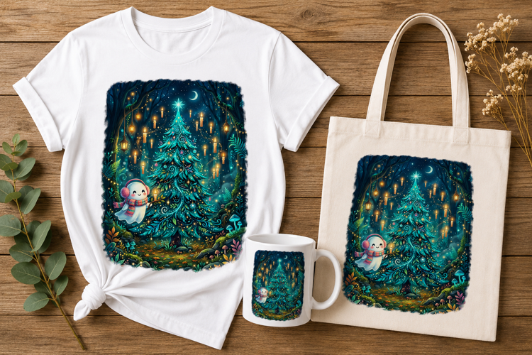 Mystic Turquoise Fir Tree Cute Ghost Winter Magic Art