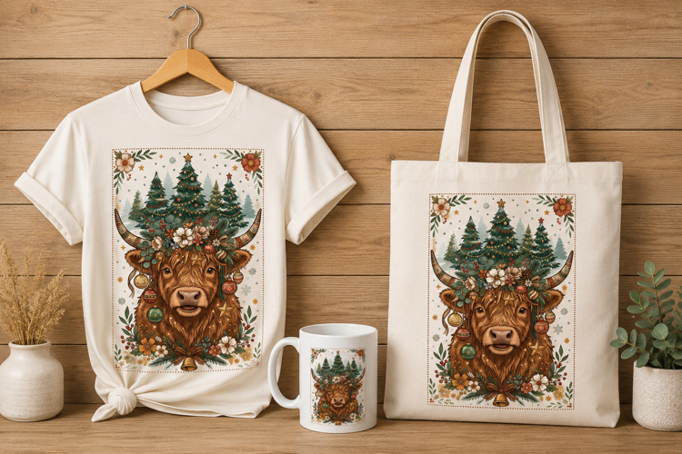 Highland Cow Christmas Floral Crown Winter Art PNG